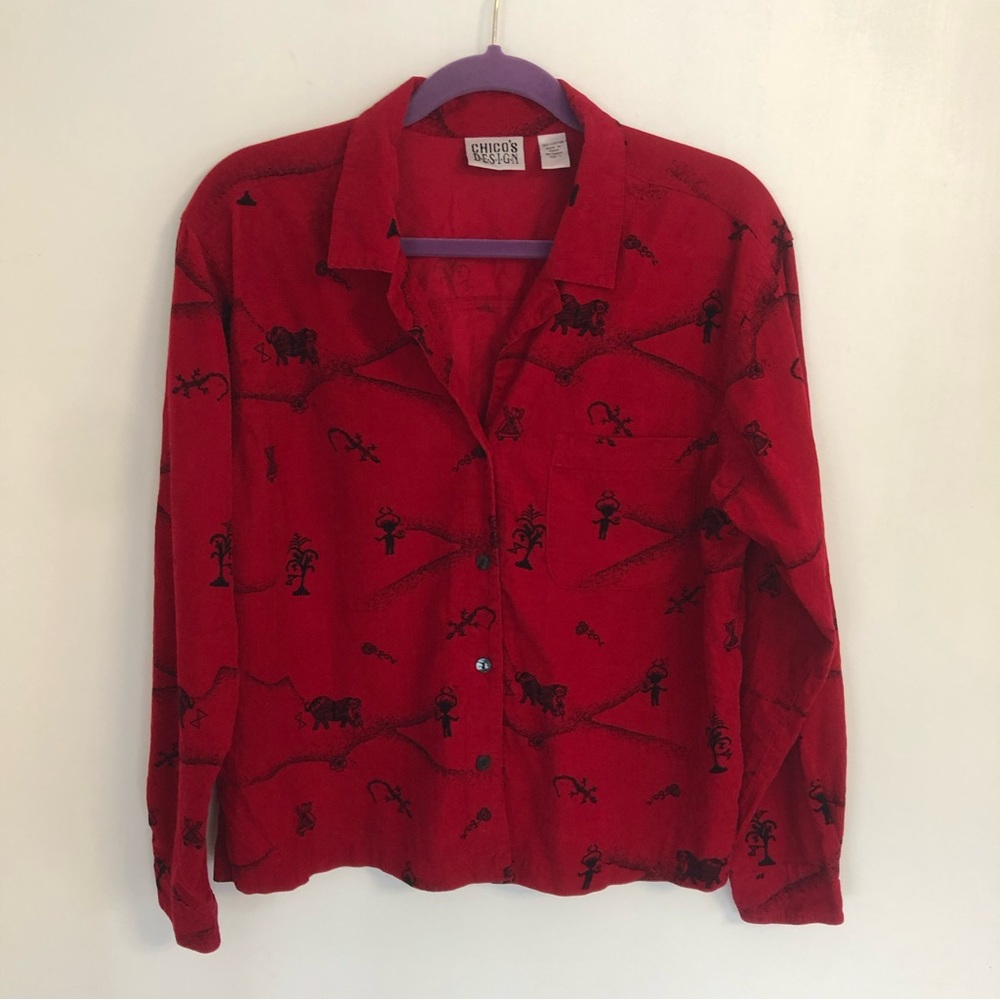 CHICO’S DESIGN Women’s Red/Black Print Long Sleeve Button Up Corduroy Shirt Sz 1